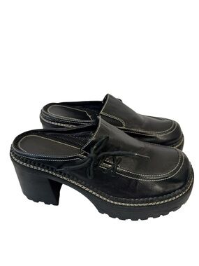 Vintage 90s Y2K Black Leather Chunky Clog Platform Shoes Womens 9 Bratz Heels
